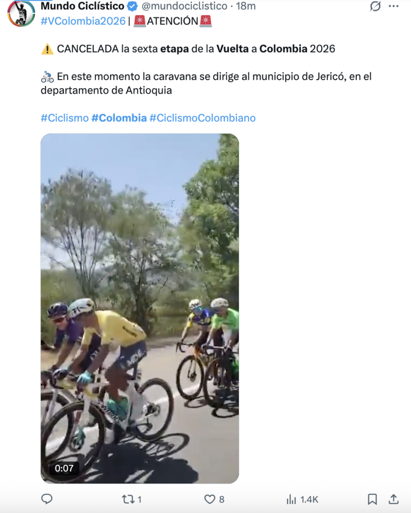 Cancelada etapa 6 vuelta Colombia 2026 - Según Mundo Ciclístico en Twitter